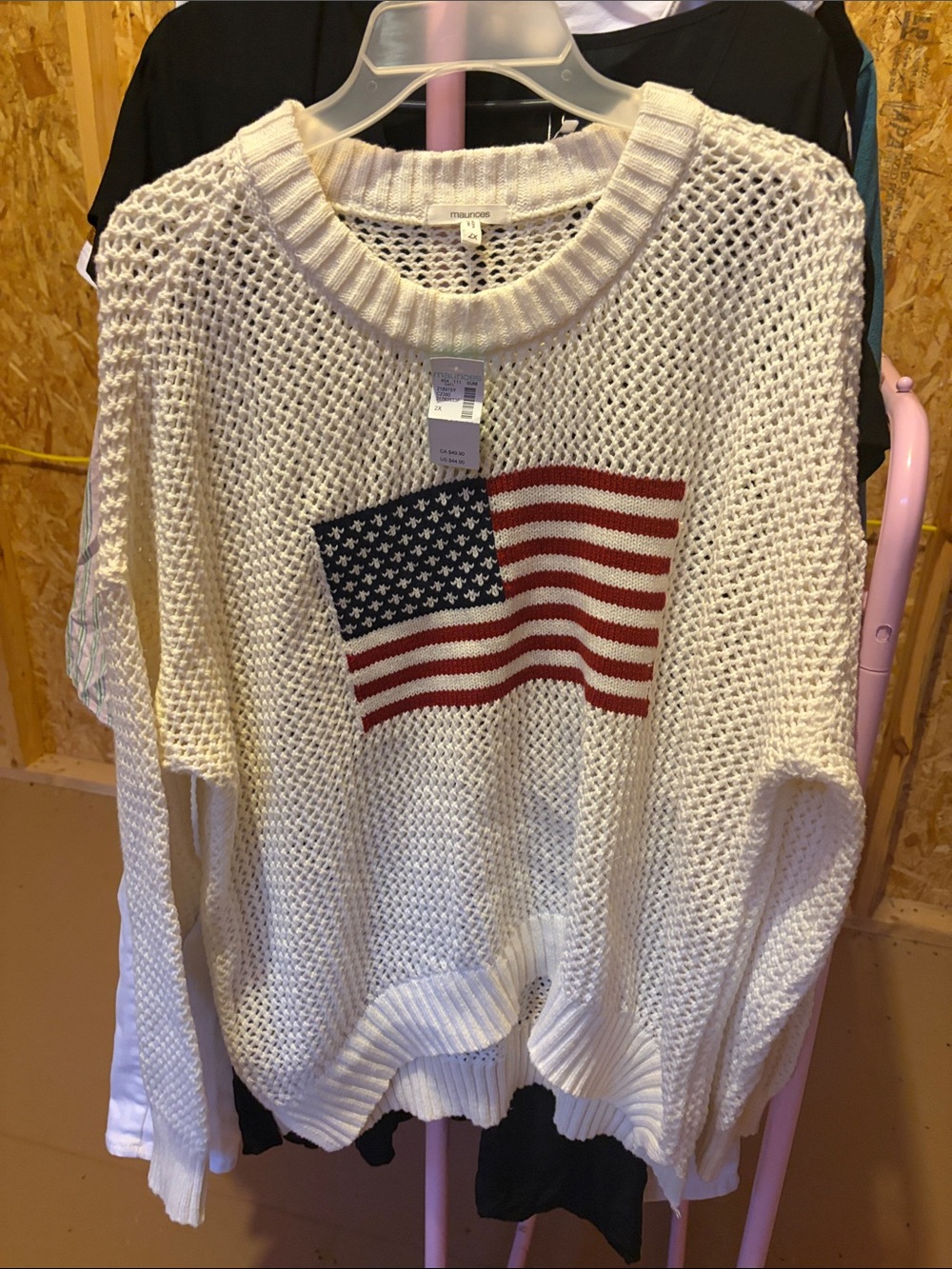 Maurices Cream Open-Knit Sweater with Red and Blue Flag Motif